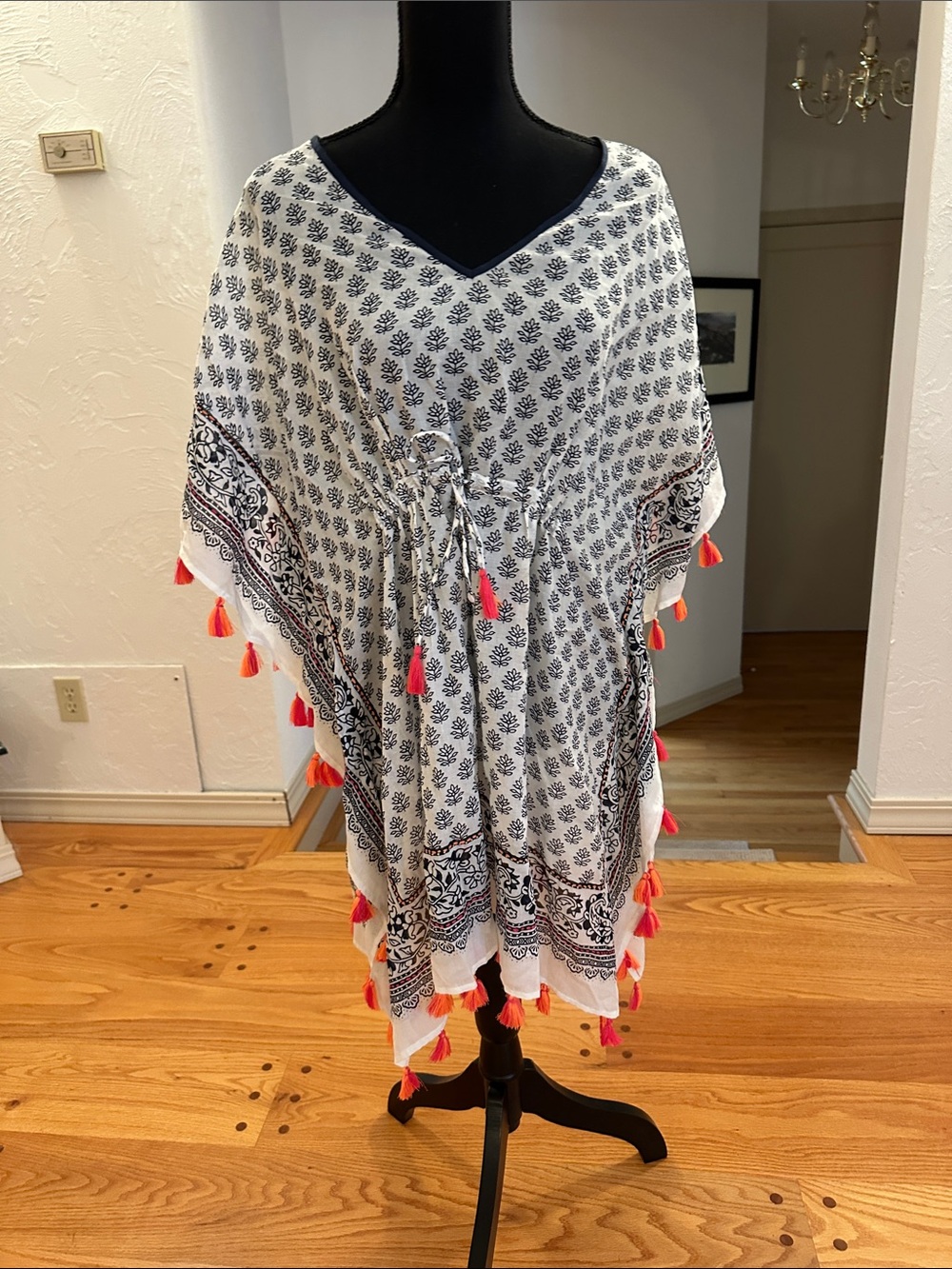 NWT J. Jill poncho/swim suit cover-up.  White/navy/orange tassels. One-size S-L